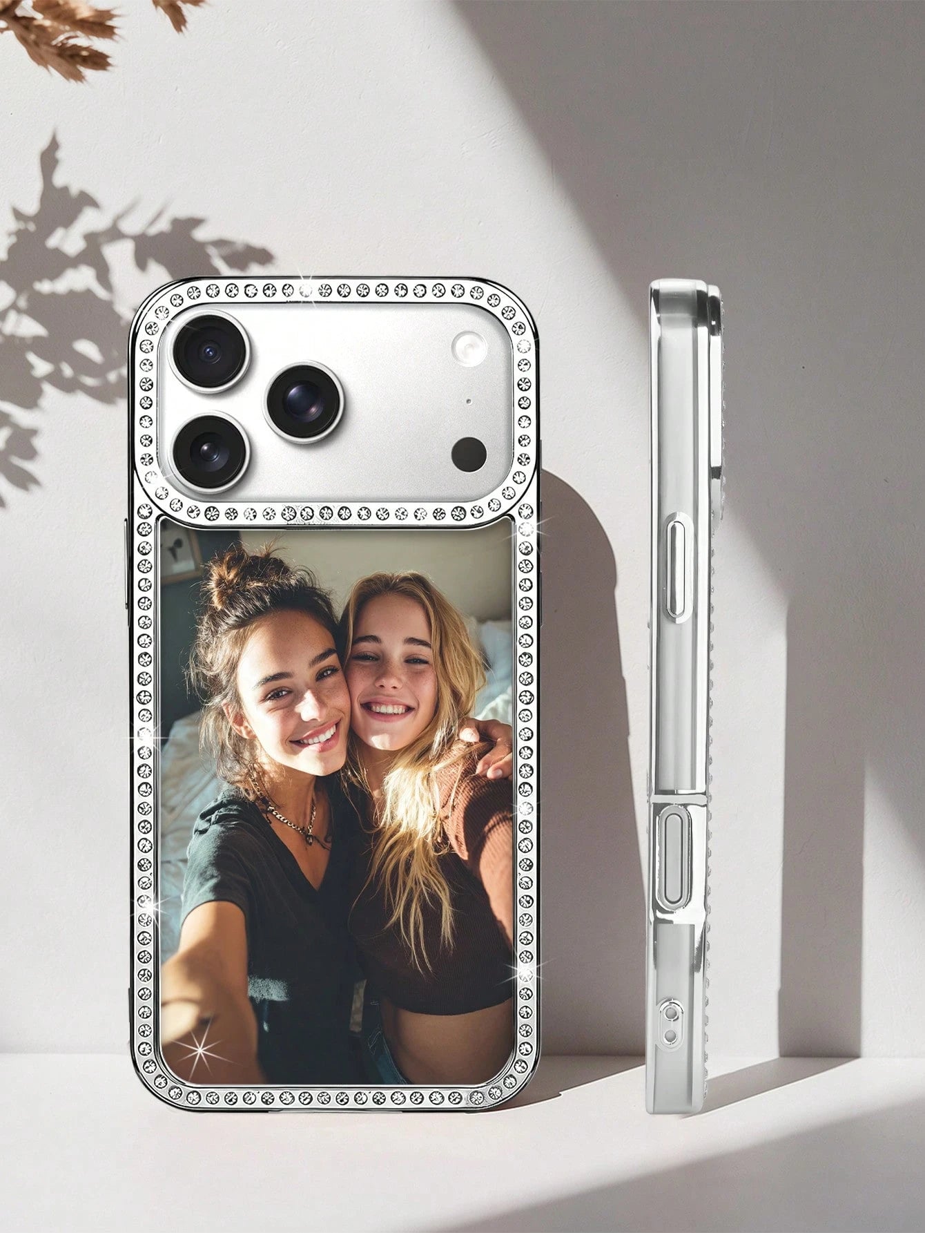 1pc New Luxury Fashion Four-Sided Rhinestone Transparent Phone Case, Customizable Couple Photo, Electroplated Silver Shiny Rhinestone Transparent Shell, Suitable For IPhone 16e/17 Pro Max/15 Pro Max/1