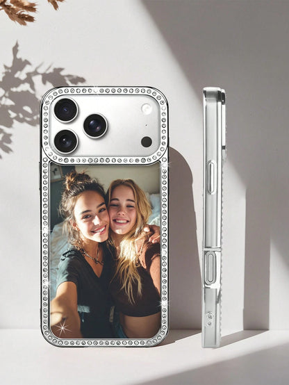 1pc New Luxury Fashion Four-Sided Rhinestone Transparent Phone Case, Customizable Couple Photo, Electroplated Silver Shiny Rhinestone Transparent Shell, Suitable For IPhone 16e/17 Pro Max/15 Pro Max/1
