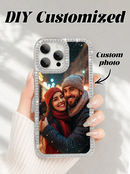 1pc New Luxury Fashion Four-Sided Rhinestone Transparent Phone Case, Customizable Couple Photo, Electroplated Silver Shiny Rhinestone Transparent Shell, Suitable For IPhone 16e/17 Pro Max/15 Pro Max/1