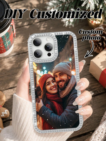 1pc New Luxury Fashion Four-Sided Rhinestone Transparent Phone Case, Customizable Couple Photo, Electroplated Silver Shiny Rhinestone Transparent Shell, Suitable For IPhone 16e/17 Pro Max/15 Pro Max/1