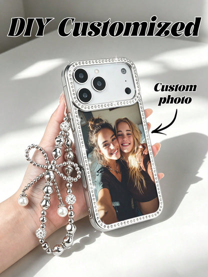 1pc New Luxury Fashion Four-Sided Rhinestone Transparent Phone Case, Customizable Couple Photo, Electroplated Silver Shiny Rhinestone Transparent Shell, Suitable For IPhone 16e/17 Pro Max/15 Pro Max/1