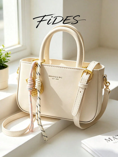 1PC New Oil Wax PU Women's Handbag With Exquisite Metal Letter Plaque, Comes With Woven Rope Gold Doll Charm, Adjustable Detachable Crossbody Strap, Compact Square Shape, Versatile Shoulder Crossbody