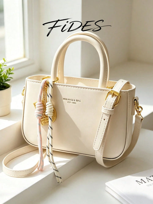 1PC New Oil Wax PU Women's Handbag With Exquisite Metal Letter Plaque, Comes With Woven Rope Gold Doll Charm, Adjustable Detachable Crossbody Strap, Compact Square Shape, Versatile Shoulder Crossbody