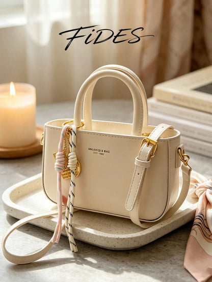 1PC New Oil Wax PU Women's Handbag With Exquisite Metal Letter Plaque, Comes With Woven Rope Gold Doll Charm, Adjustable Detachable Crossbody Strap, Compact Square Shape, Versatile Shoulder Crossbody