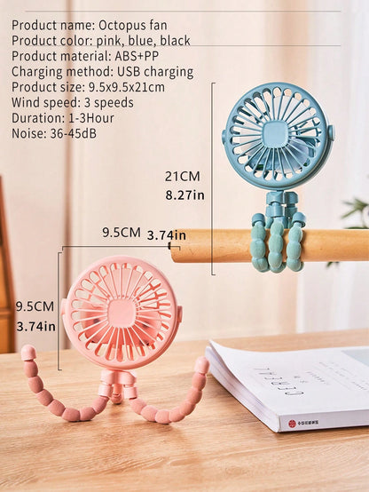 1pc Octopus Stroller Fan, USB Rechargeable Portable Quiet Fan, Mini Handheld Foldable Travel Fan With LED Night Light, Multifunctional Desk Fan, Adjustable Angle, Flexible Bendable, 3 Wind Speeds, Sui