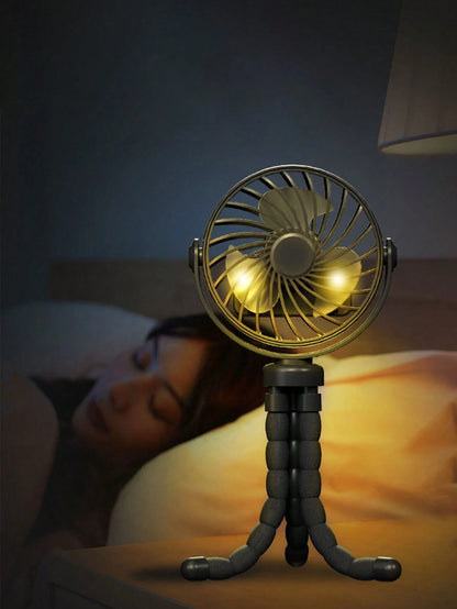 1pc Octopus Stroller Fan, USB Rechargeable Portable Quiet Fan, Mini Handheld Foldable Travel Fan With LED Night Light, 3 Speed Adjustable, Suitable For Indoor/Outdoor, Multifunctional Desk Fan, Adjust