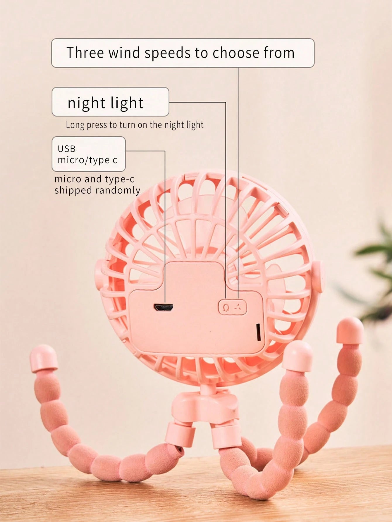 1pc Octopus Stroller Fan, USB Rechargeable Portable Quiet Fan, Mini Handheld Foldable Travel Fan With LED Night Light, Multifunctional Desk Fan, Adjustable Angle, Flexible Bendable, 3 Wind Speeds, Sui