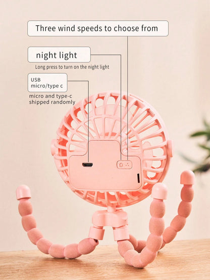 1pc Octopus Stroller Fan, USB Rechargeable Portable Quiet Fan, Mini Handheld Foldable Travel Fan With LED Night Light, Multifunctional Desk Fan, Adjustable Angle, Flexible Bendable, 3 Wind Speeds, Sui