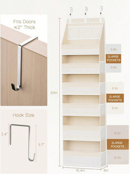 1pc Over-The-Door Storage Rack, 6-Tier Thickened Shelves With 13 Mesh Pockets, 55lbs Capacity, Suitable For Nursery, Bathroom, Bedroom And Dorm Room