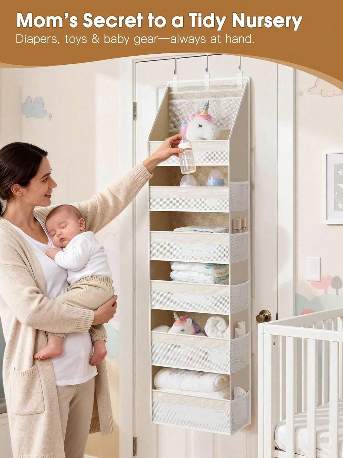 1pc Over-The-Door Storage Rack, 6-Tier Thickened Shelves With 13 Mesh Pockets, 55lbs Capacity, Suitable For Nursery, Bathroom, Bedroom And Dorm Room