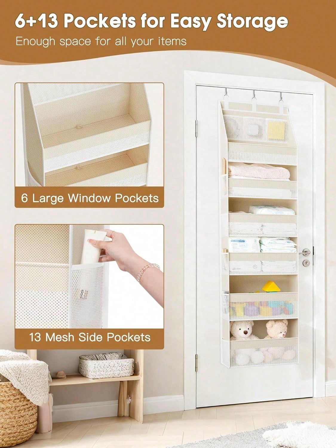 1pc Over-The-Door Storage Rack, 6-Tier Thickened Shelves With 13 Mesh Pockets, 55lbs Capacity, Suitable For Nursery, Bathroom, Bedroom And Dorm Room