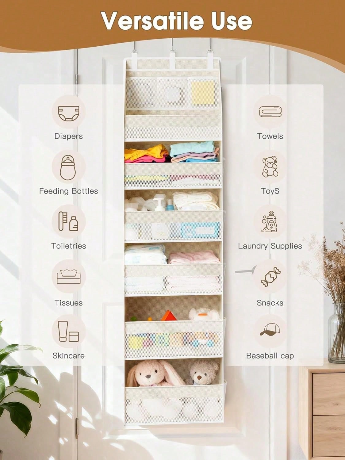 1pc Over-The-Door Storage Rack, 6-Tier Thickened Shelves With 13 Mesh Pockets, 55lbs Capacity, Suitable For Nursery, Bathroom, Bedroom And Dorm Room