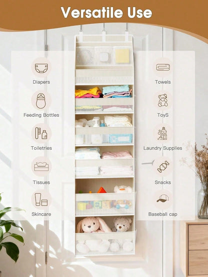 1pc Over-The-Door Storage Rack, 6-Tier Thickened Shelves With 13 Mesh Pockets, 55lbs Capacity, Suitable For Nursery, Bathroom, Bedroom And Dorm Room