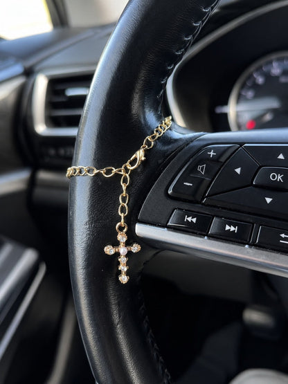 1pc Pearl Cross Steering Wheel Pendant, Elegant Religious Cross Pendant Car Interior Ornament, Stylish Auto Accessory, Ideal Birthday & Couple Gift For Drivers