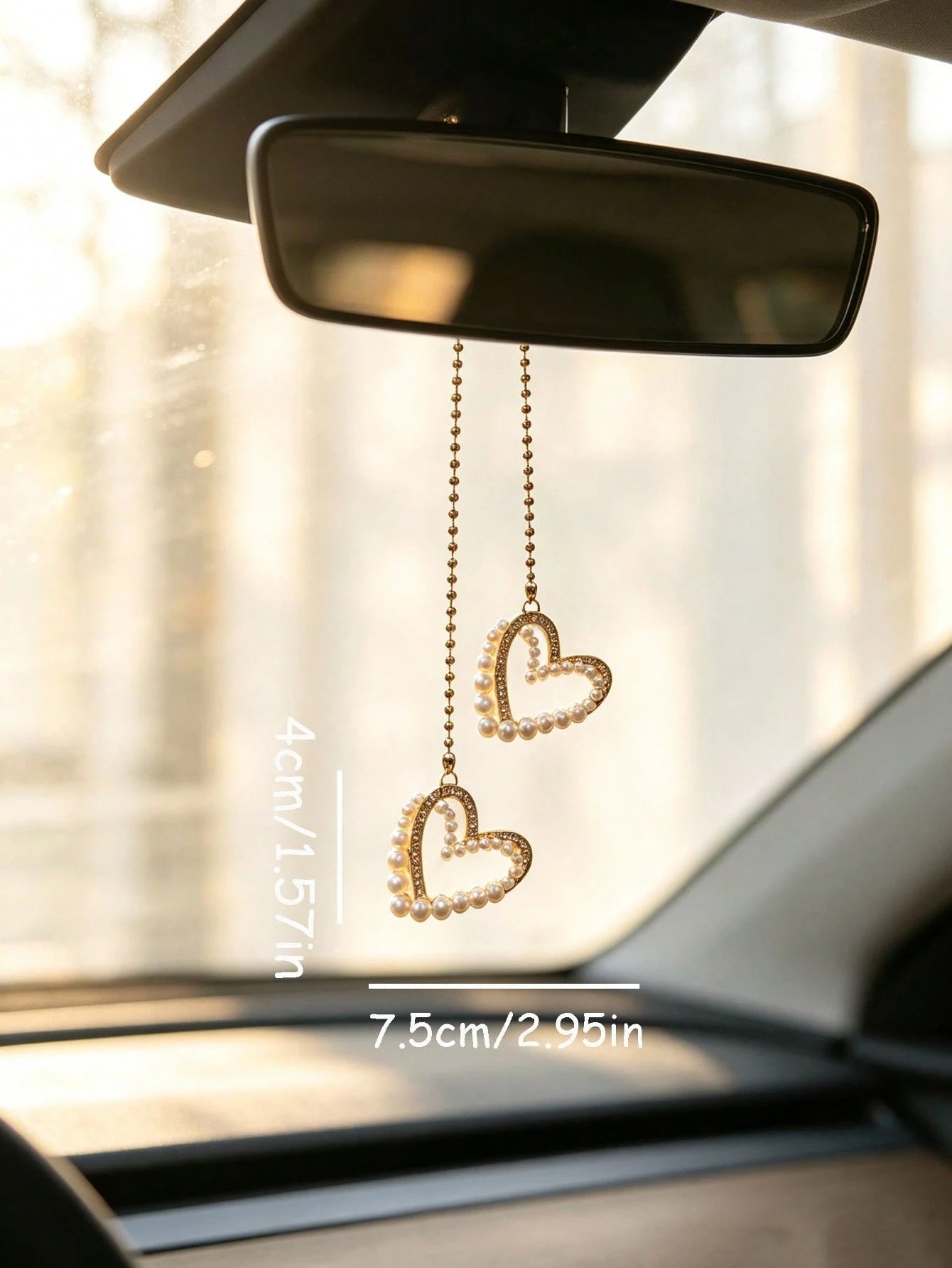1pc Pearl Rhinestone Border Heart Car Rearview Mirror Hanging Ornament, Elegant Style Auto Interior Decor Vehicle Accessory