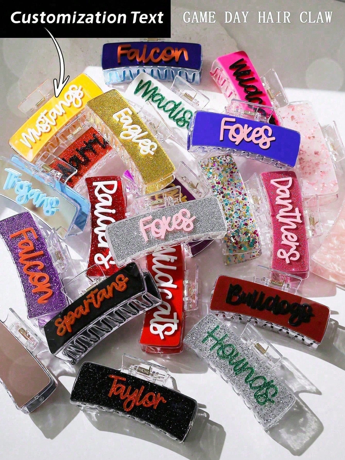 1pc Personalized Gameday Cheering Squad Team Name Rainbow Text Hair Clip, Name Hair Claw, Bridesmaid Gift, Personalized Gift