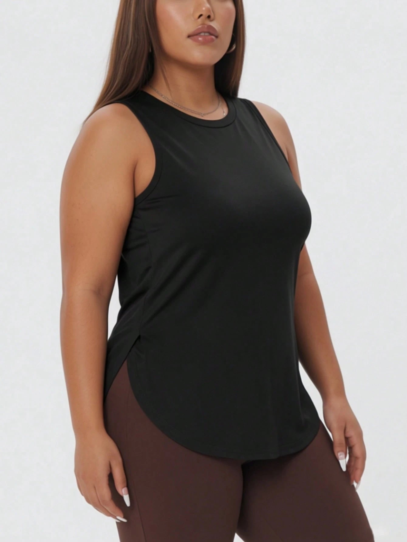 1pc Plus Size Women's Casual Sports Loose Tank Top, Round Neck Sleeveless Side Slit Fitted, Essential For Daily Casual Wear, Yoga, Commuting, Summer