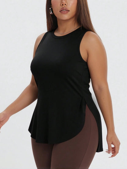 1pc Plus Size Women's Casual Sports Loose Tank Top, Round Neck Sleeveless Side Slit Fitted, Essential For Daily Casual Wear, Yoga, Commuting, Summer