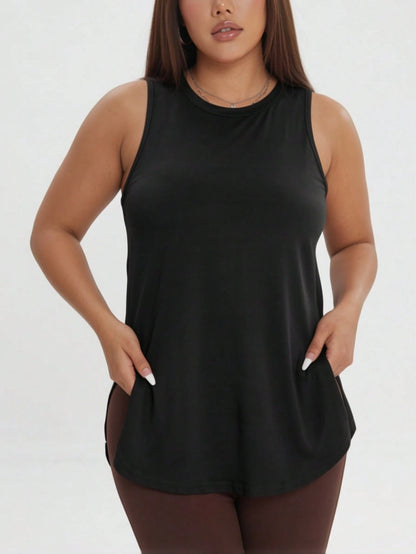 1pc Plus Size Women's Casual Sports Loose Tank Top, Round Neck Sleeveless Side Slit Fitted, Essential For Daily Casual Wear, Yoga, Commuting, Summer