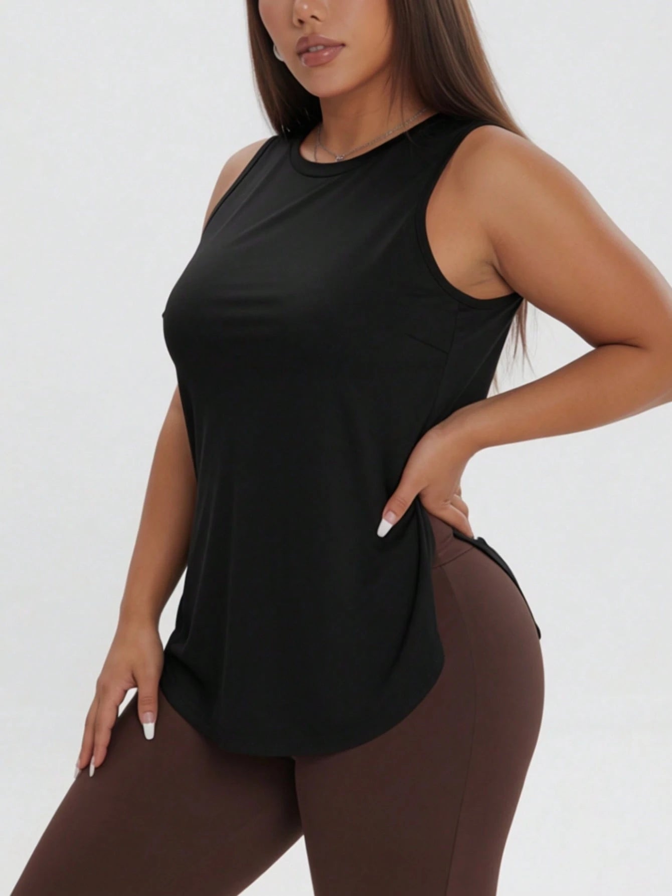 1pc Plus Size Women's Casual Sports Loose Tank Top, Round Neck Sleeveless Side Slit Fitted, Essential For Daily Casual Wear, Yoga, Commuting, Summer