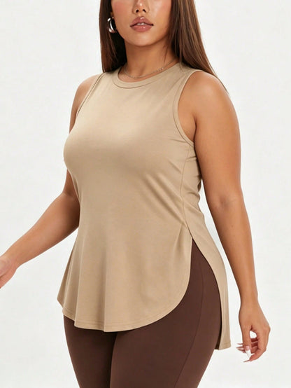 1pc Plus Size Women's Casual Sports Loose Tank Top, Round Neck Sleeveless Side Slit Fitted, Essential For Daily Casual Wear, Yoga, Commuting, Summer