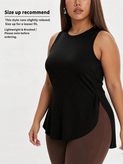 1pc Plus Size Women's Casual Sports Loose Tank Top, Round Neck Sleeveless Side Slit Fitted, Essential For Daily Casual Wear, Yoga, Commuting, Summer