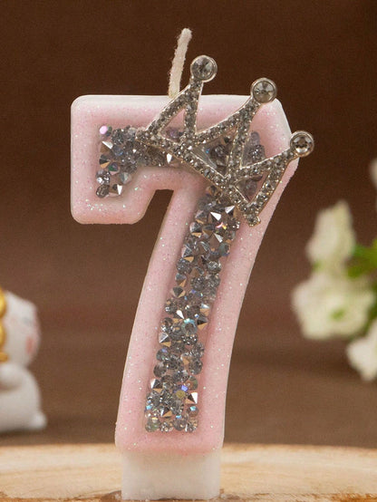 1pc Princess Aesthetic Pink Glitter Numeral 0-9 Candle With Sparkling Rhinestone Crown Baby Girl 1st Birthday Party Cake Decoration