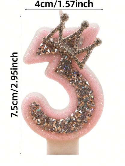 1pc Princess Aesthetic Pink Glitter Numeral 0-9 Candle With Sparkling Rhinestone Crown Baby Girl 1st Birthday Party Cake Decoration