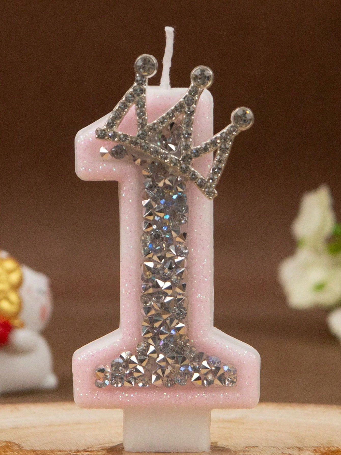 1pc Princess Aesthetic Pink Glitter Numeral 0-9 Candle With Sparkling Rhinestone Crown Baby Girl 1st Birthday Party Cake Decoration