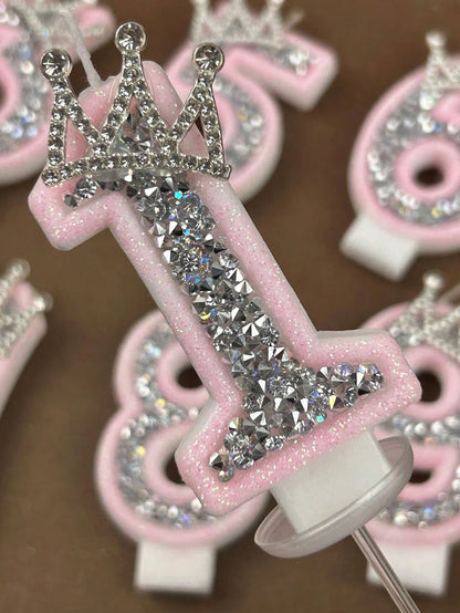 1pc Princess Aesthetic Pink Glitter Numeral 0-9 Candle With Sparkling Rhinestone Crown Baby Girl 1st Birthday Party Cake Decoration