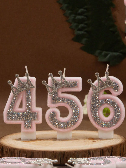 1pc Princess Aesthetic Pink Glitter Numeral 0-9 Candle With Sparkling Rhinestone Crown Baby Girl 1st Birthday Party Cake Decoration