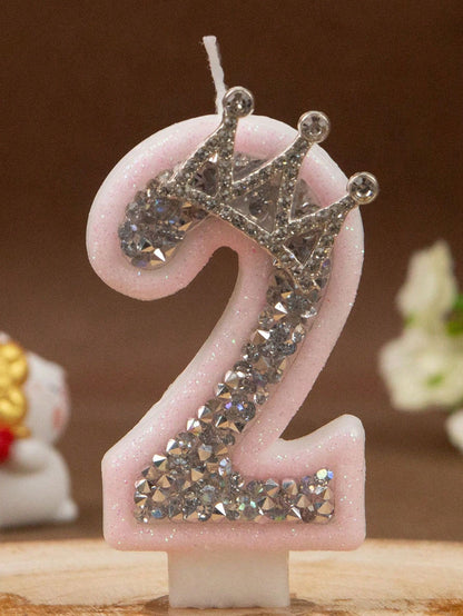 1pc Princess Aesthetic Pink Glitter Numeral 0-9 Candle With Sparkling Rhinestone Crown Baby Girl 1st Birthday Party Cake Decoration