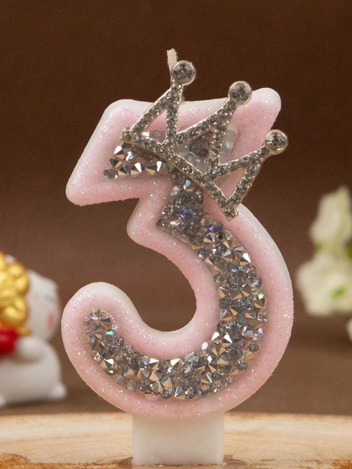 1pc Princess Aesthetic Pink Glitter Numeral 0-9 Candle With Sparkling Rhinestone Crown Baby Girl 1st Birthday Party Cake Decoration