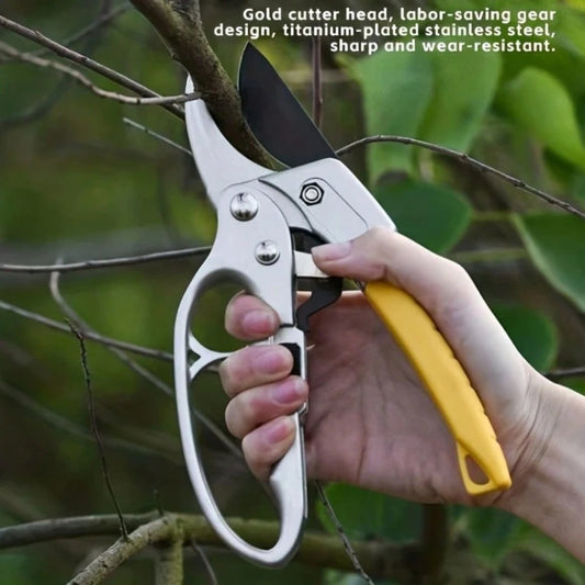 1pc Professional Stainless Steel Gardening Pruning Shears, Tree Trimmer, Heavy Duty Metal Ratchet Pruner, Labor-Saving Gear For Fruit Picking And Branch Trimming, Gardening Tool, Gardening Supplies, F