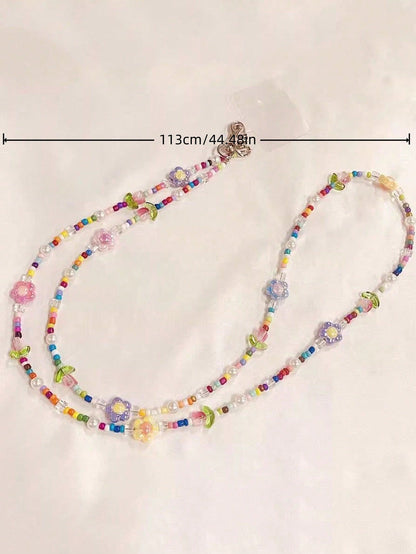 1PC Rainbow Cartoon Tulip Beaded Detachable Crossbody Phone Lanyard Strap- Cute Kawaii Flower Clip-On Phone Case Chain For Android & Most Smartphones, Adjustable Wrist & Shoulder Strap For Outdoor, T