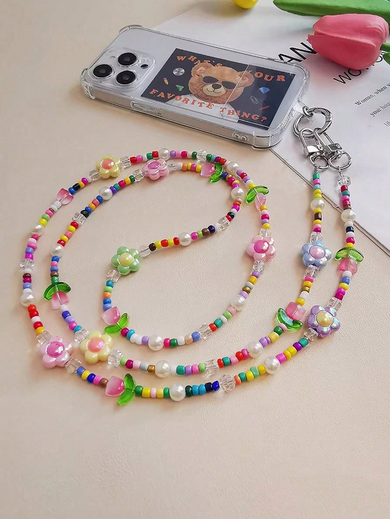 1PC Rainbow Cartoon Tulip Beaded Detachable Crossbody Phone Lanyard Strap- Cute Kawaii Flower Clip-On Phone Case Chain For Android & Most Smartphones, Adjustable Wrist & Shoulder Strap For Outdoor, T