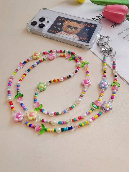 1PC Rainbow Cartoon Tulip Beaded Detachable Crossbody Phone Lanyard Strap- Cute Kawaii Flower Clip-On Phone Case Chain For Android & Most Smartphones, Adjustable Wrist & Shoulder Strap For Outdoor, T