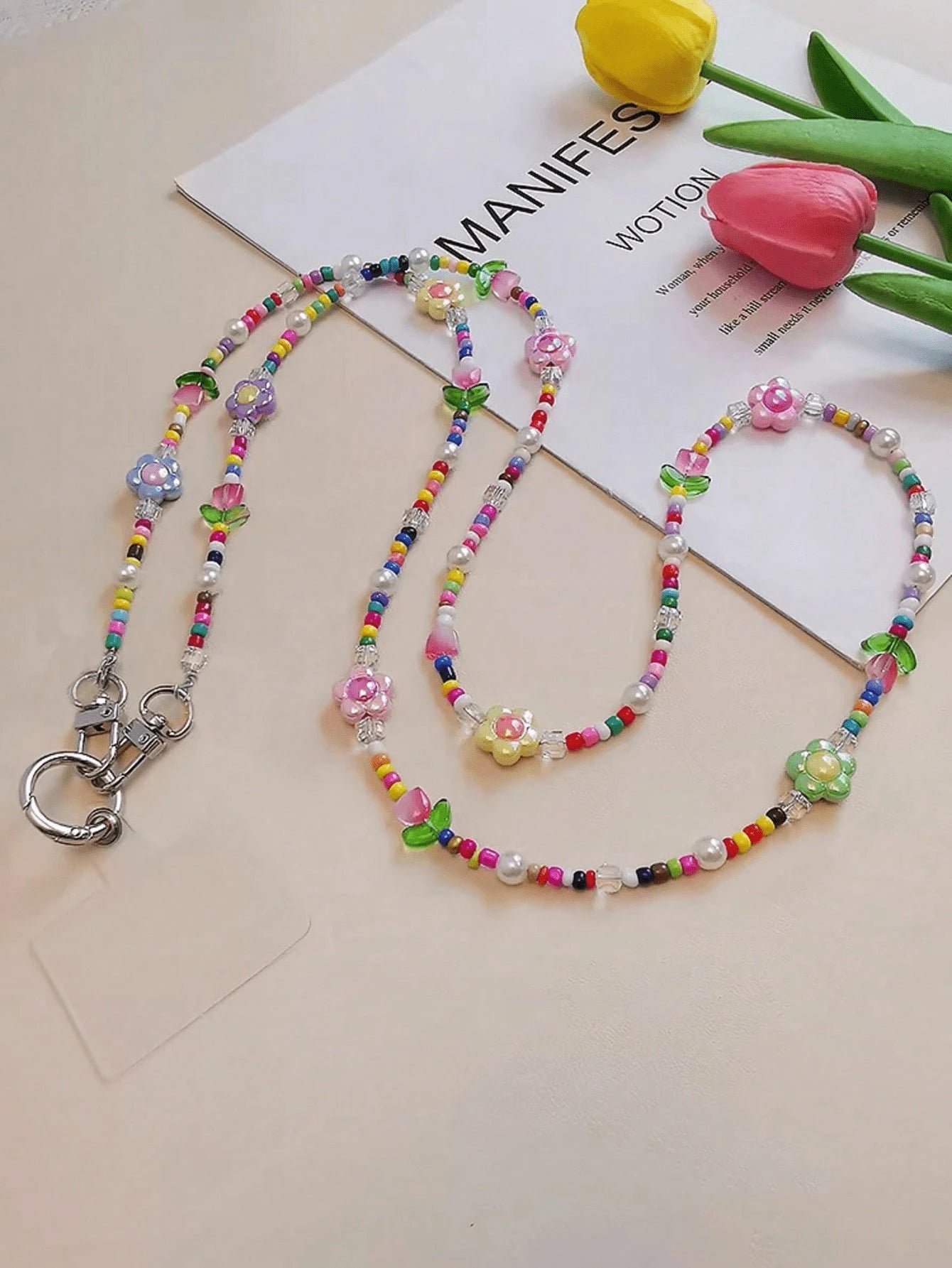 1PC Rainbow Cartoon Tulip Beaded Detachable Crossbody Phone Lanyard Strap- Cute Kawaii Flower Clip-On Phone Case Chain For Android & Most Smartphones, Adjustable Wrist & Shoulder Strap For Outdoor, T