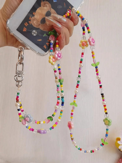 1PC Rainbow Cartoon Tulip Beaded Detachable Crossbody Phone Lanyard Strap- Cute Kawaii Flower Clip-On Phone Case Chain For Android & Most Smartphones, Adjustable Wrist & Shoulder Strap For Outdoor, T