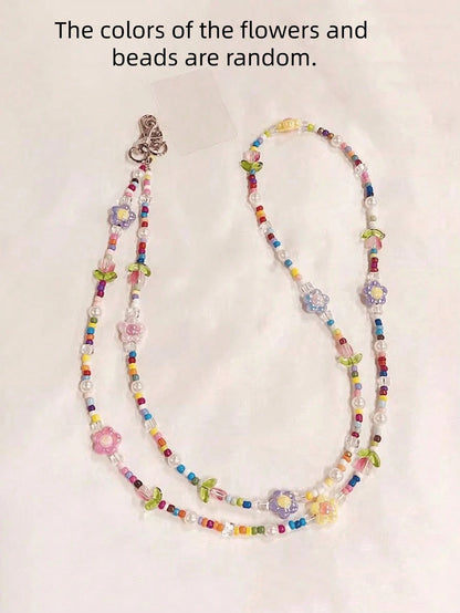1PC Rainbow Cartoon Tulip Beaded Detachable Crossbody Phone Lanyard Strap- Cute Kawaii Flower Clip-On Phone Case Chain For Android & Most Smartphones, Adjustable Wrist & Shoulder Strap For Outdoor, T