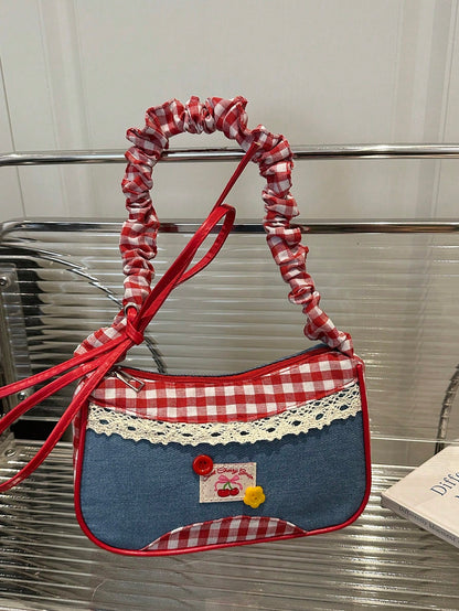 1pc Red Nylon Fabric Smooth Zipper Drawstring Strap Button Decor Crossbody Bag, Suitable For Daily Use For Women