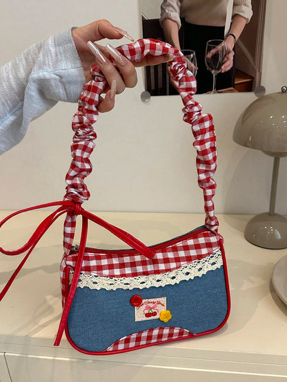 1pc Red Nylon Fabric Smooth Zipper Drawstring Strap Button Decor Crossbody Bag, Suitable For Daily Use For Women