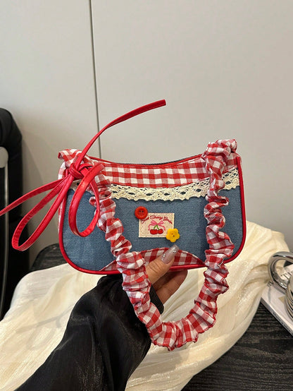 1pc Red Nylon Fabric Smooth Zipper Drawstring Strap Button Decor Crossbody Bag, Suitable For Daily Use For Women