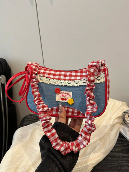 1pc Red Nylon Fabric Smooth Zipper Drawstring Strap Button Decor Crossbody Bag, Suitable For Daily Use For Women