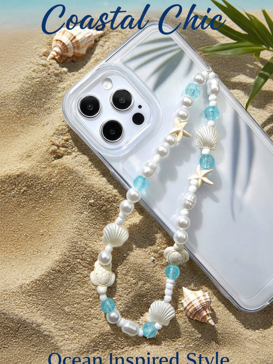 1pc Refreshing Sea Salt Crystal Beach Phone Wrist Strap, Shell Starfish Turtle Healing Vacation Vibe Portable Hanging Accessory, Phone Chain, Phone Lanyard, Phone Charm, Beaded Phone Chain, Anti-Lost