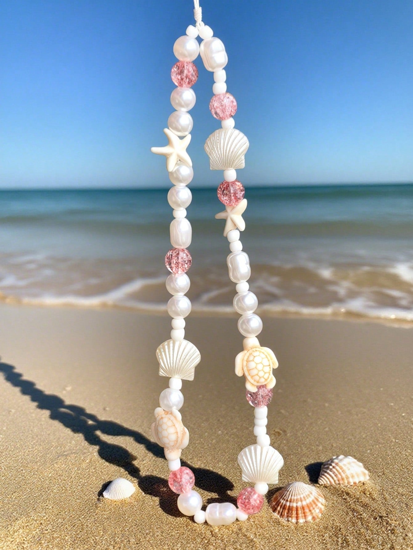 1pc Refreshing Sea Salt Crystal Beach Phone Wrist Strap, Shell Starfish Turtle Healing Vacation Vibe Portable Hanging Accessory, Phone Chain, Phone Lanyard, Phone Charm, Beaded Phone Chain, Anti-Lost