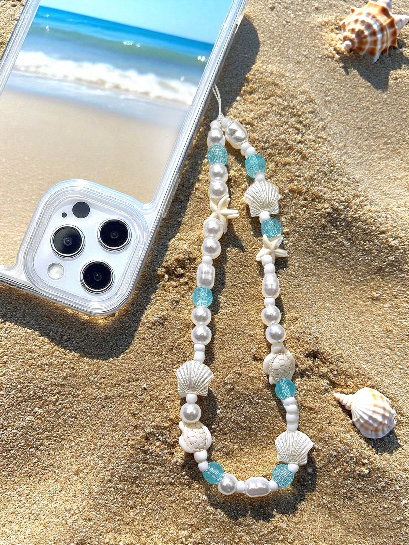 1pc Refreshing Sea Salt Crystal Beach Phone Wrist Strap, Shell Starfish Turtle Healing Vacation Vibe Portable Hanging Accessory, Phone Chain, Phone Lanyard, Phone Charm, Beaded Phone Chain, Anti-Lost