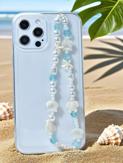 1pc Refreshing Sea Salt Crystal Beach Phone Wrist Strap, Shell Starfish Turtle Healing Vacation Vibe Portable Hanging Accessory, Phone Chain, Phone Lanyard, Phone Charm, Beaded Phone Chain, Anti-Lost