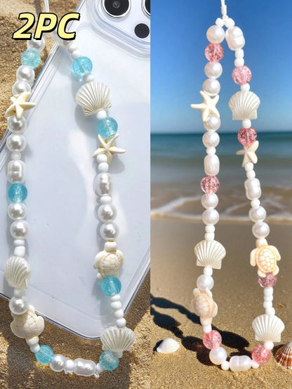 1pc Refreshing Sea Salt Crystal Beach Phone Wrist Strap, Shell Starfish Turtle Healing Vacation Vibe Portable Hanging Accessory, Phone Chain, Phone Lanyard, Phone Charm, Beaded Phone Chain, Anti-Lost
