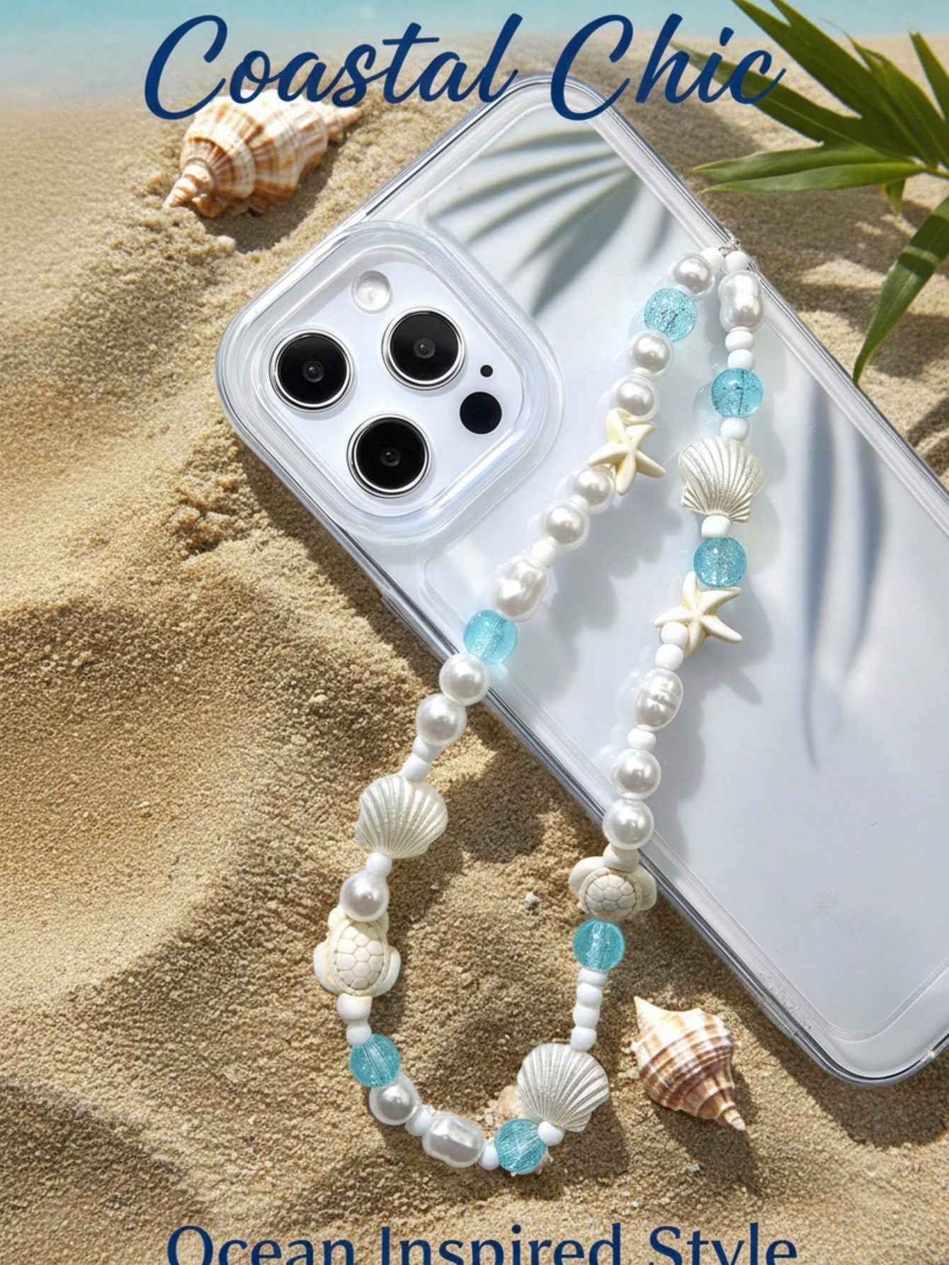 1pc Refreshing Sea Salt Crystal Beach Phone Wrist Strap, Shell Starfish Turtle Healing Vacation Vibe Portable Hanging Accessory, Phone Chain, Phone Lanyard, Phone Charm, Beaded Phone Chain, Anti-Lost